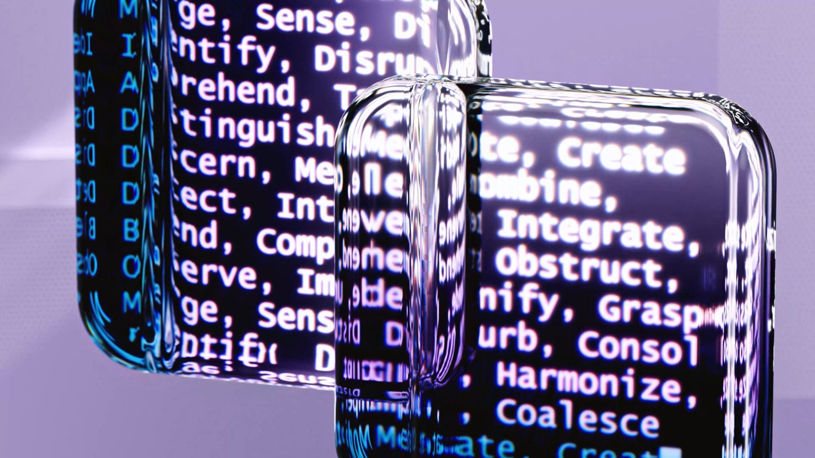 Blocs de verre violets affichant du code lumineux, symbole de la chaîne de production logicielle vérifiable